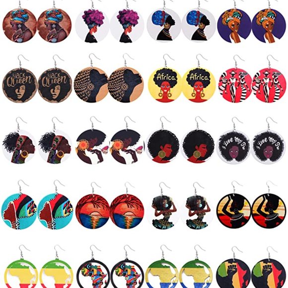 12 pairs Assorted Round African Queens Light Weight Wooden Painted Earrings - Picture 3 of 3